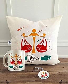 alDivo Libra Zodiac Sign Printed Combo Gifts | Zodiac Sign Libra Printed Cushion Cover, Coffee Mug and Key Ring