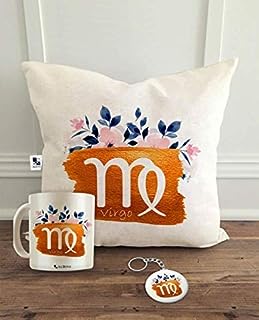 alDivo Virgo Zodiac Sign Printed Combo Gifts | Zodiac Sign Virgo Printed Cushion Cover, Coffee Mug and Key Ring