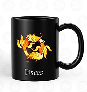 BLISSart Ceramic Coffee Mug, Black, 350 ml, 1 Piece, Pisces Zodiac Sun Sign Printed Gifts for Horoscope Lovers
