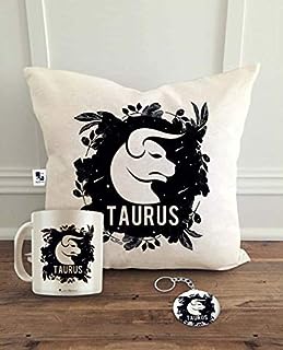 alDivo Taurus Zodiac Sign Printed Combo Gifts | Zodiac Sign Taurus Printed Cushion Cover, Coffee Mug and Key Ring