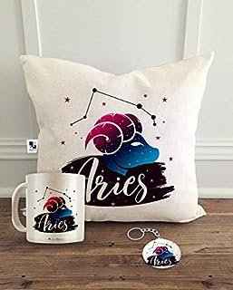 alDivo Aries Zodiac Sign Printed Combo Gifts | Zodiac Sign Aries Printed Cushion Cover, Coffee Mug and Key Ring
