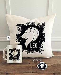 alDivo Leo Zodiac Sign Printed Combo Gifts | Zodiac Sign Leo Printed Cushion Cover, Coffee Mug and Key Ring