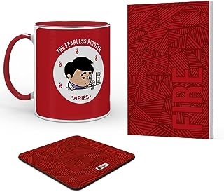 Indigifts Zodiac Gift Set for Gift Red Handle Coffee Mug, Coaster, Diary, Zodiac Sign Gifts, Zodiac Sign Related Gifts, Birthday Zodiac Sign, Aries Zodiac Sign Gift for Boy, Aries Zodiac Sign Diary