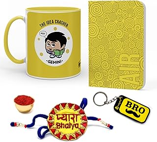 Indigifts Rakhi Gift for Brother Yellow Handle Coffee Mug, Zodiac Sign Gifts for Rakhi Zodiac Sign Related Gifts, Rakhi Zodiac Sign Gifts, Gemini Zodiac Sign Gift for Rakhi, Gemini Zodiac Sign Diary