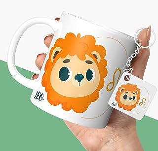 NH10 DESIGNS Zodiac Sign Leo Printed Coffee Mug with Keychain Gift for Birthday Unique Gift Mug For Men, Women, Sister, Mother, Daughter, Father, July & August Horoscope Birthday Gift, Pack of 2 (Microwave Safe Ceramic Tea Coffee Mug-350ml) (ZDMK1 126)