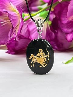 CRYSTAL TREASURE Sagittarius Zodiac Sign Engraved On Black Black Tourmaline Stone Pendant with Black Cord Gift for All