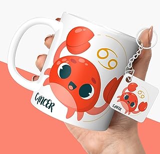 NH10 DESIGNS Zodiac Sign Cancer Printed Coffee Mug with Keychain Unique Gift Mug For Men, Women, Sister, Mother, Daughter, Father, June & July Horoscope Birthday, Anniversary Gift, Pack of 2 (Microwave Safe Ceramic Tea Coffee Mug-350ml) (ZDVMK1 123)