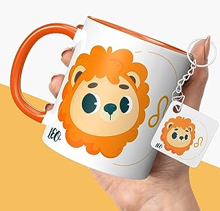 NH10 DESIGNS Zodiac Sign Leo Printed Coffee Mug with Keychain Gift for Birthday Unique Gift Mug For Men, Women, Sister, Mother, Daughter, Father, July & August Horoscope Birthday Gift, Pack of 2 (Microwave Safe Ceramic Tea Coffee Mug-350ml) (ZDVMK1 110)
