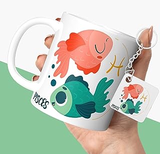 NH10 DESIGNS Zodiac Sign Pisces Printed Coffee Mug with Keychain Unique Gift Mug For Men, Women, Sister, Mother, Daughter, Father, February & March Horoscope Birthday Gift, Pack of 2 (Microwave Safe Ceramic Tea Coffee Mug-350ml) (ZDMK1 128)