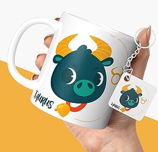 NH10 DESIGNS Zodiac Sign Taurus Printed Coffee Mug with Keychain Unique Gift Mug For Men, Women, Sister, Mother, Daughter, Father, April & May Horoscope Birthday, Anniversary Gift, Pack of 2 (Microwave Safe Ceramic Tea Coffee Mug-350ml) (ZDMK1 131)