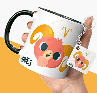 NH10 DESIGNS Zodiac Sign Aries Printed Coffee Mug with Keychain Unique Gift Mug For Men, Women, Sister, Mother, Daughter, Father, March & April Horoscope Birthday, Anniversary Gift, Pack of 2 (Microwave Safe Ceramic Tea Coffee Mug-350ml) (ZDMK1 91)