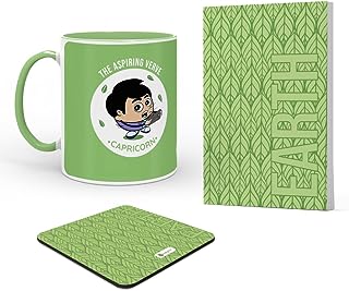 Indigifts Gift for Family Green Handle Coffee Mug, Coaster, Diary, Zodiac Sign Gifts for Friends, Zodiac Sign Related Gifts, Capricorn Zodiac Sign Coffee Mug for Gift, Capricorn Zodiac Sign Diary