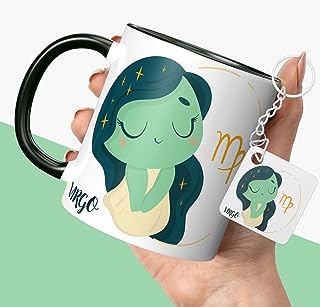 NH10 DESIGNS Zodiac Sign Virgo Printed Coffee Mug with Keychain Unique Gift Mug For Men, Women, Sister, Mother, Daughter, Father, August & September Horoscope Birthday Gift, Pack of 2 (Microwave Safe Ceramic Tea Coffee Mug-350ml) (ZDMK1 101)