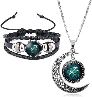 Young & Forever Valentine Gift Rakhi Gift Friendship Day Gifts Specials for girlfriend valentine gifts for boyfriend zodiac sign 12 constellation silver moon princess length pendant necklace for women girl stylish trendy handmade black leather bracelet for men boy unisex (Combo of 2)