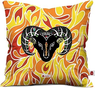 Indigifts Zodiac Sign Fire Pattern with Ram Horns Multi Cushion Cover 12x12 Inches with Filler - Aries Cushion Cover, Zodiac Cushion Pillow, Zodiac Gifts, Sun Sign Gifts