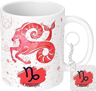 NH10 DESIGNS Zodiac Sign Capricorn Printed Coffee Mug with Keychain Unique Gift Mug For Men, Women, Sister, Mother, Daughter, Father, December & January Horoscope Birthday Gift, Pack of 2 (Microwave Safe Ceramic Tea Coffee Mug-350ml) (ZDVMK1 67)