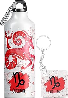 NH10 DESIGNS Zodiac Sign Capricorn Aluminium Printed Sipper Bottle with Keychain Leakproof Water Bottle 600ml for Girls Boys Men Women Sister Brother Friends, December & January Horoscope Birthday Gift, Pack of 2 (ZDSK1 08)