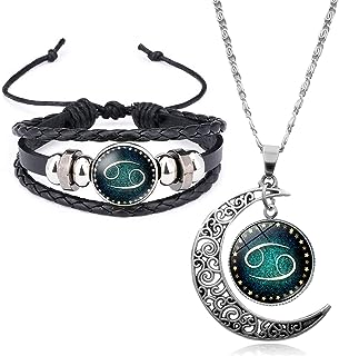 Young & Forever Valentine Gift Rakhi Gift Friendship Day Gifts Specials for girlfriend valentine gifts for boyfriend zodiac sign 12 constellation silver moon princess length pendant necklace for women girl stylish trendy handmade black leather bracelet for men boy unisex (Combo of 2)