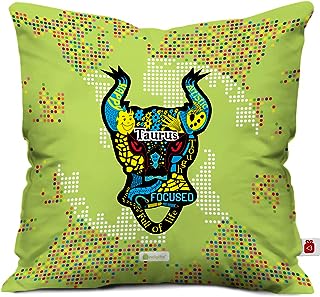 Indigifts Zodiac Sign Multicolor Earth Pattern with Taurus Cattle Face Green Cushion Cover 12x12 Inches with Filler - Taurus Cushion Cover, Zodiac Cushion Pillow, Zodiac Gifts, Sun Sign Gifts