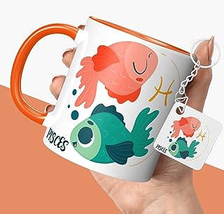 NH10 DESIGNS Zodiac Sign Pisces Printed Coffee Mug with Keychain Unique Gift Mug For Men, Women, Sister, Mother, Daughter, Father, February & March Horoscope Birthday Gift, Pack of 2 (Microwave Safe Ceramic Tea Coffee Mug-350ml) (ZDVMK1 112)