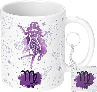 NH10 DESIGNS Zodiac Sign Virgo Printed Coffee Mug with Keychain Unique Gift Mug For Men, Women, Sister, Mother, Daughter, Father, August & September Horoscope Birthday Gift, Pack of 2 (Microwave Safe Ceramic Tea Coffee Mug-350ml) (ZDVMK1 83)