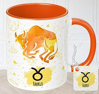 NH10 DESIGNS Zodiac Sign Taurus Printed Coffee Mug with Keychain Unique Gift Mug For Men, Women, Sister, Mother, Daughter, Father, April & May Horoscope Birthday, Anniversary Gift, Pack of 2 (Microwave Safe Ceramic Tea Coffee Mug-350ml) (ZDMK1 44)