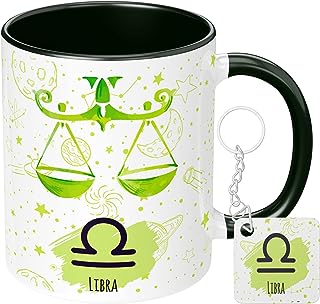 NH10 DESIGNS Zodiac Sign Libra Printed Coffee Mug with Keychain Unique Gift Mug For Men, Women, Sister, Mother, Daughter, Father, September & October Horoscope Birthday Gift, Pack of 2 (Microwave Safe Ceramic Tea Coffee Mug-350ml) (ZDVMK1 14)