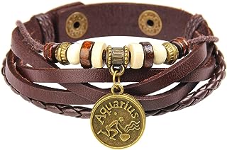 Young & Forever Valentine Gift Zodiaco Choose Your Zodiac Sign Constellation Handmade Brown Genuine Leather Bracelet for Men Womens Boys Girls