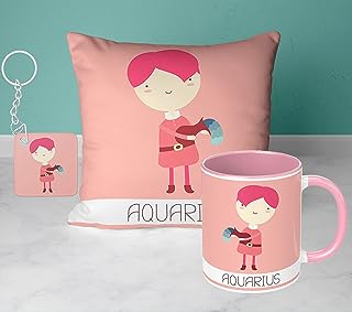 NH10 DESIGNS Zodiac Sign Aquarius Printed Coffee Mug Satin Cushion with Filler (12X12) Inch and Keychain Gift Set For Men, Women, Sister, Mother, Daughter, Father, Office January & February Horoscope Birthday Gift, Pack of 3 (Microwave Safe Ceramic Tea Coffee Mug-350ml) (ZDVCUMK1 29)