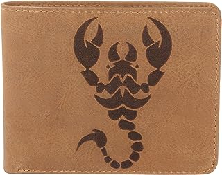 Karmanah Scorpio Zodiac Sign Engraved Leather Men's Wallet with Flap and RFID Protection (Grey)